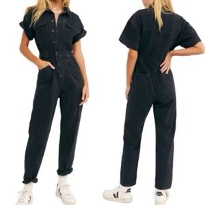 Free People Charcoal Button-Up Jumpsuit